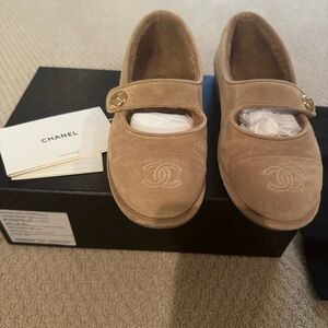 CHANEL Beige Suede Mary Jane Shoes